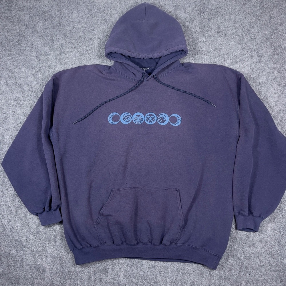 Faded Moon Phases Graphic Hoodie Mens 2XL Blue Indigenous Art Pullover